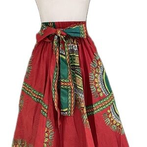 Women’s maxi skirt African dashiki print w/ 2 pockets belt elastic waist